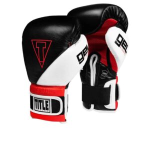 Boxningshandskar i läder, svart ovansida och vita och röda detaljer. Gel stoppning och kardborrelåsning